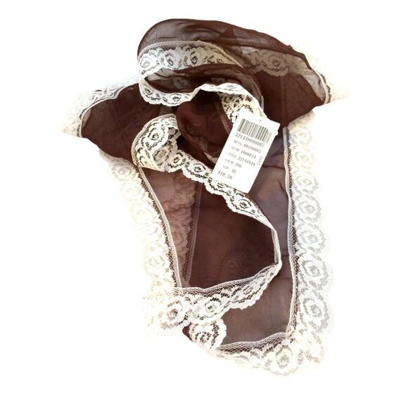 Vintage Chocolate Brown Sheer Lace Trim Scarf/Shawl With Floral Design - Picture 2 of 4